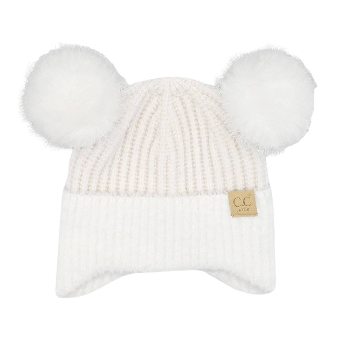 Kids C.C Faux Fur Earflap Double Pom Beanie