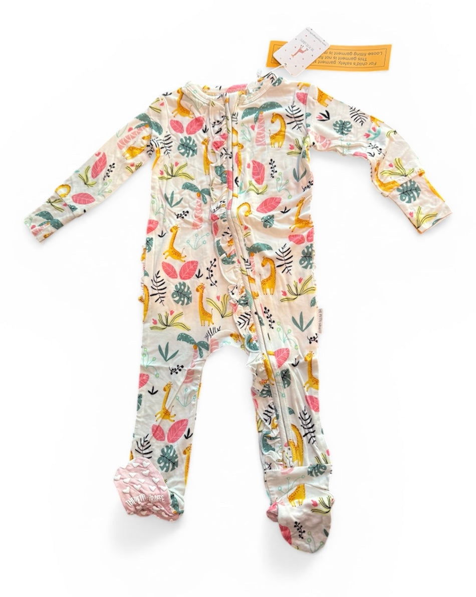The Petite Giraffe bamboo zipper footie with ruffle
