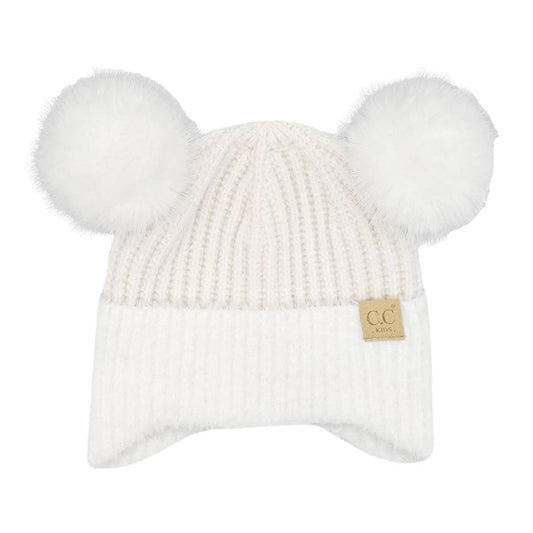 Kids C.C Faux Fur Earflap Double Pom Beanie