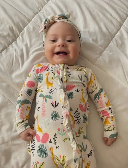 The Petite Giraffe bamboo footie zipper romper with ruffle